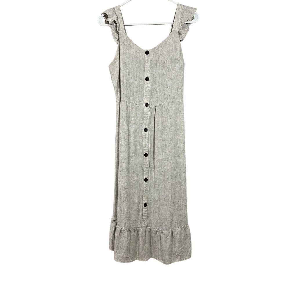 Monteau Los Angeles Beige Linen Blend Ruffle Strap Button Front Midi Dress L